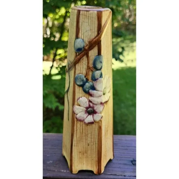 Antique Weller Pottery Klyro Hexagon Bud Vase Blue Grapes Pink Red Flowers 7.5" - Picture 6 of 7